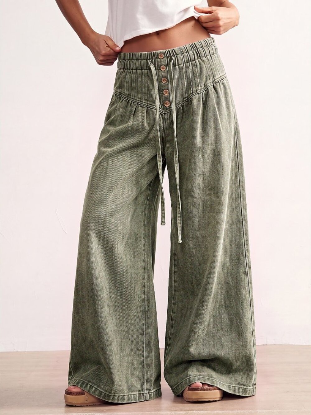 Army Green Casual Women's Woven Loose Fit Denim Jeans - Picture 3 of 7